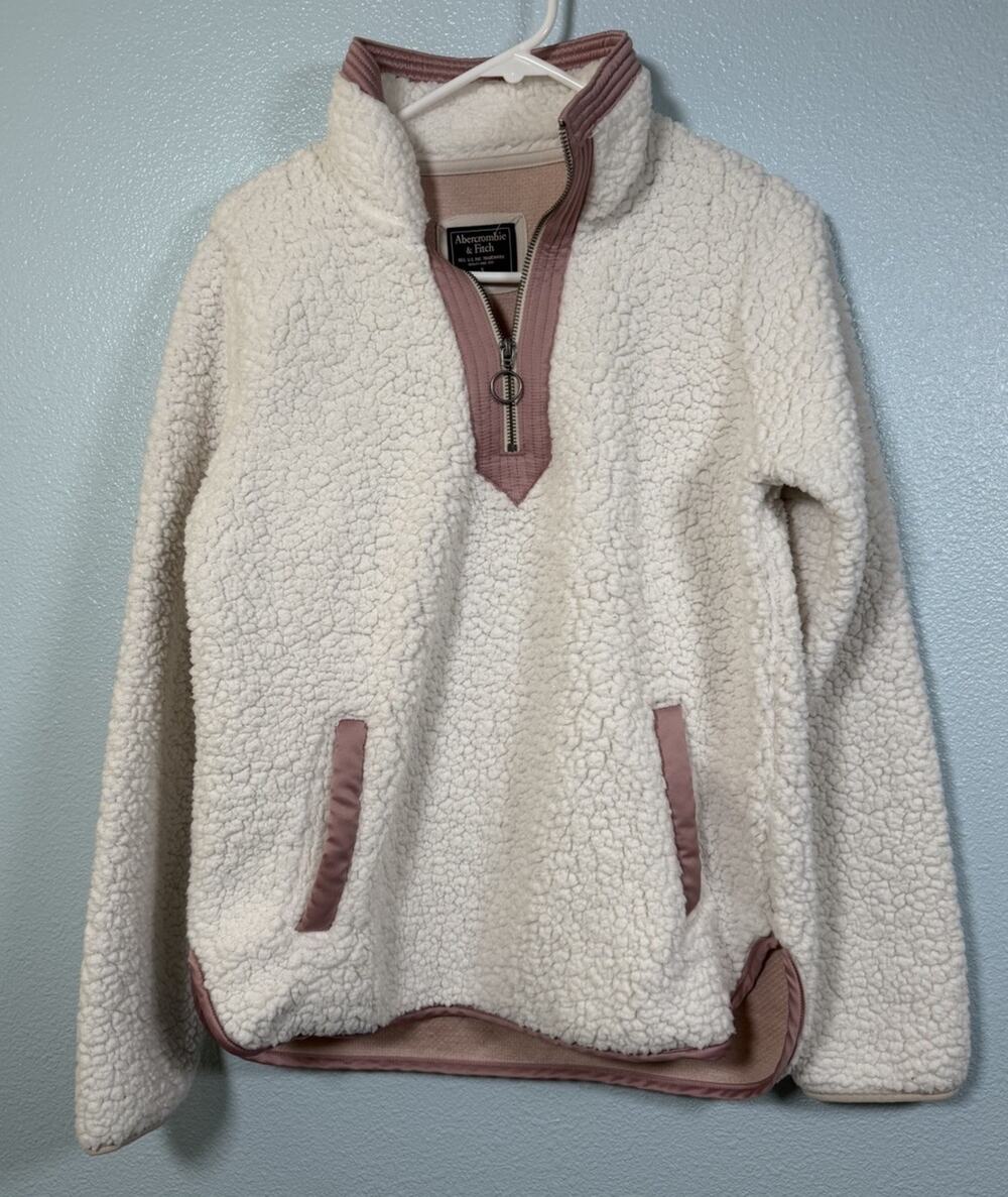 Abercrombie & Fitch Sherpa Size Small 1/4 Zip Pullover Ladies White & Mauve